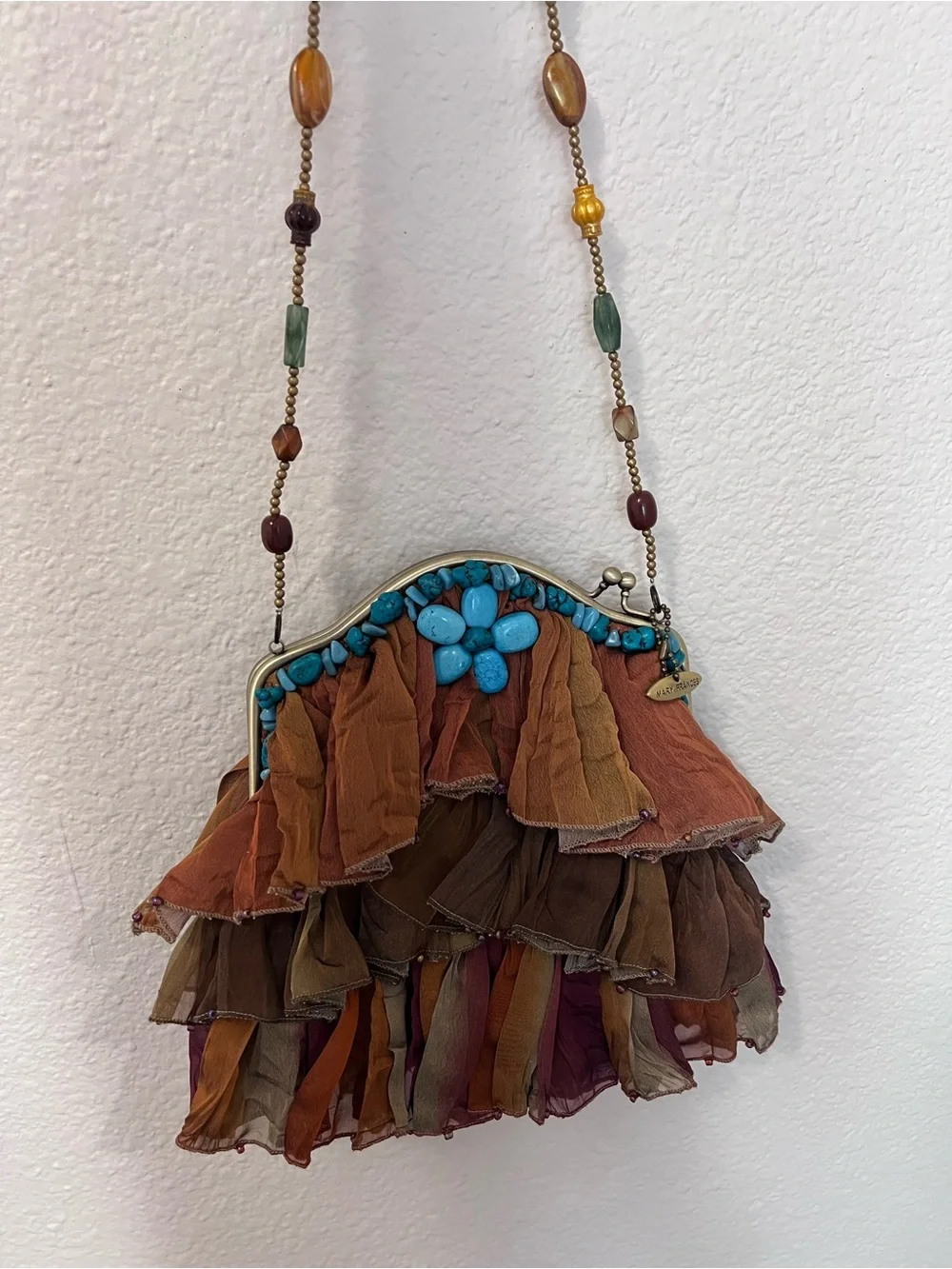 Mary Frances Multicolor Ruffled Beaded Clutch with Turquoise Accents